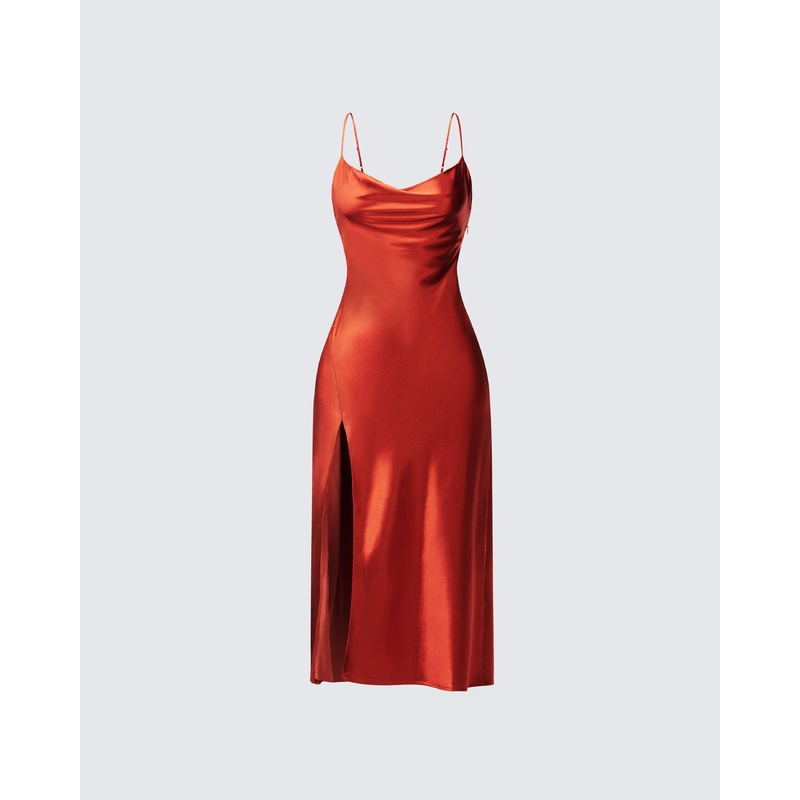 El Orange Satin Midi Dress