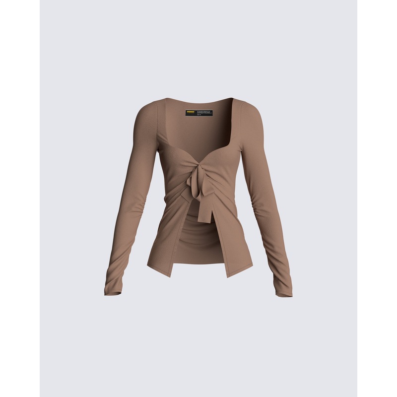 Abra Taupe Tie Front Top