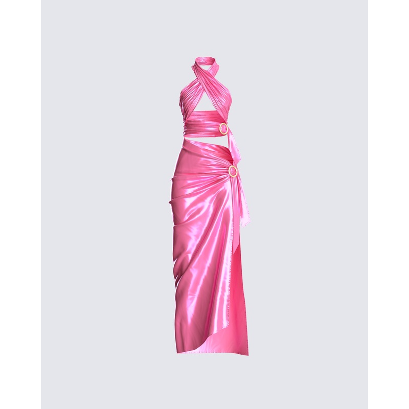 Alaina Pink Satin Maxi Dress