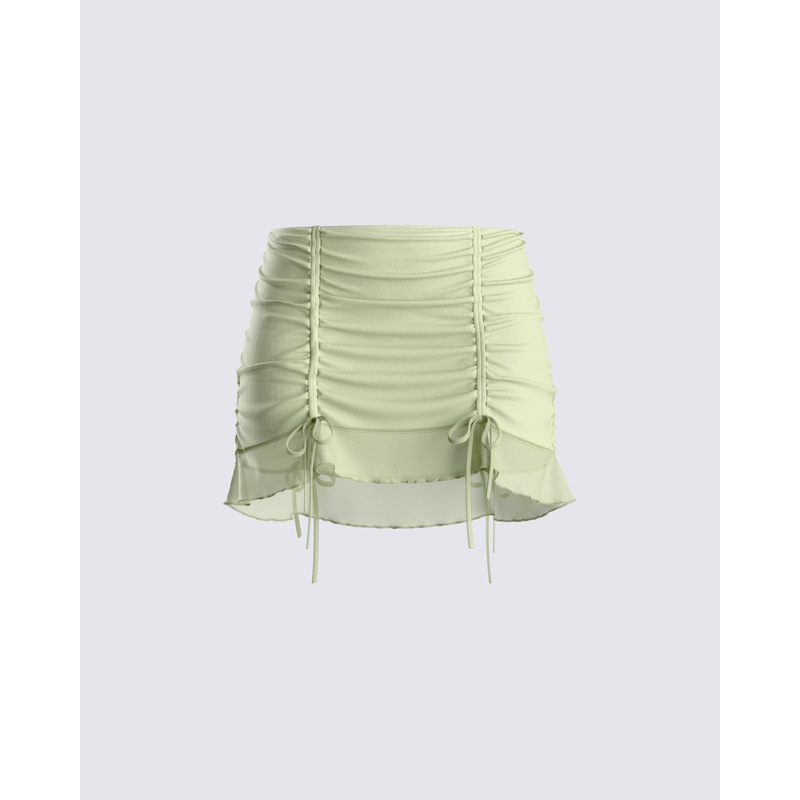 Jolie Olive Mesh Ruched Mini Skirt
