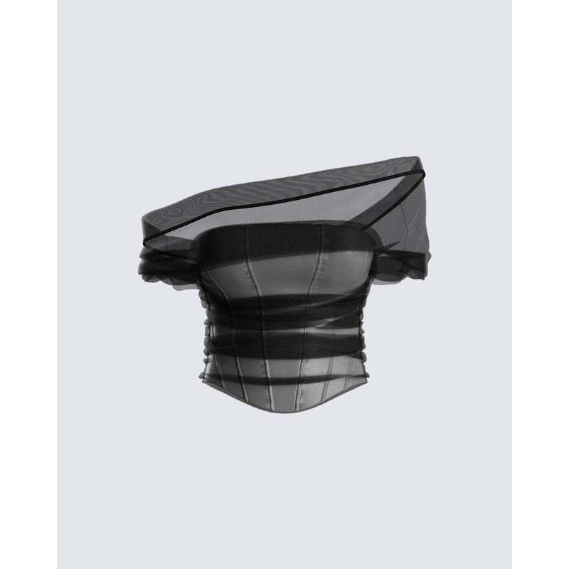 Baer Black Tulle Off Shoulder Top