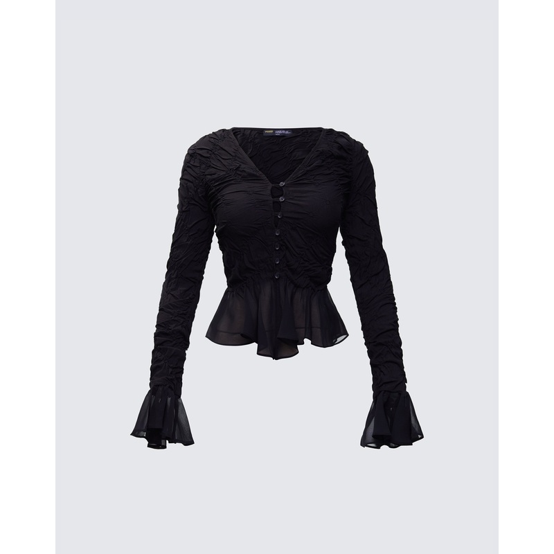 Eilis Black Texture Flute Cuff Blouse