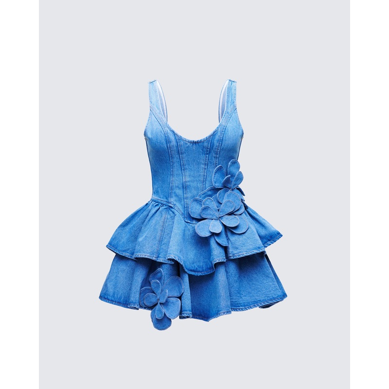 Emelina Blue Denim Flower Frill Mini Dress