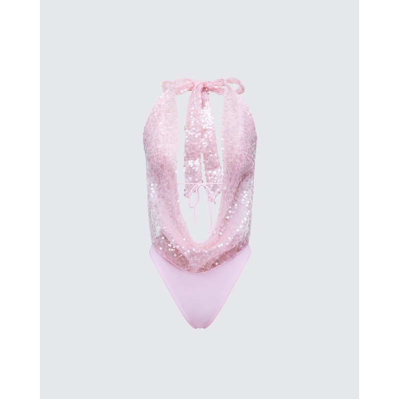 Alieka Pink Sequin Halter Bodysuit