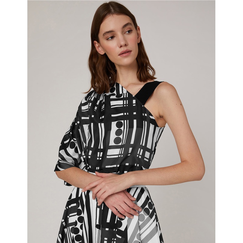 Black white polka dots striped prints sloping shoulder