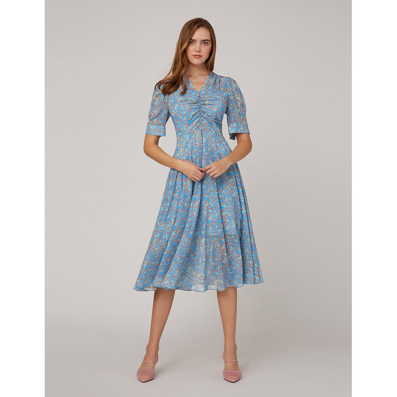 Blue floral pattern V neck ruffle pleated puff sleeves dress