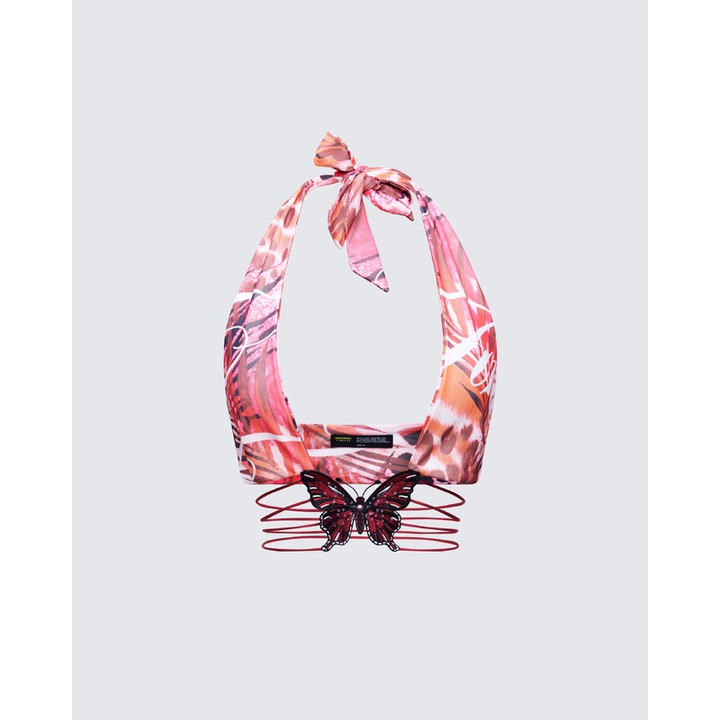 Cece Orange Printed Halterneck Top