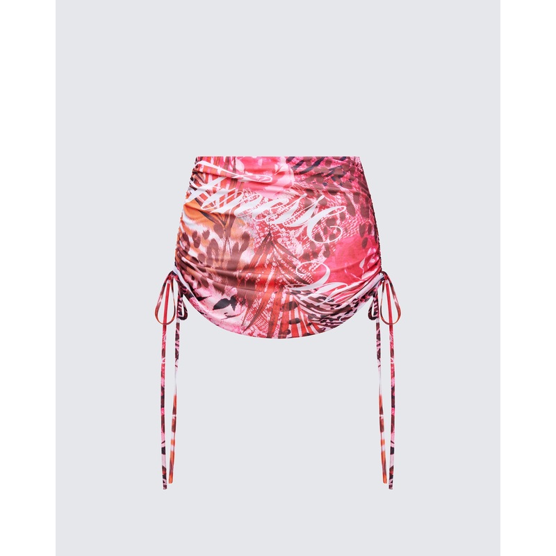 Cece Orange Printed Ruched Mini Skirt