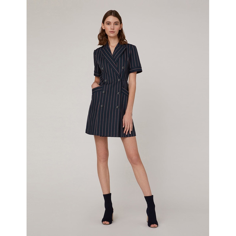 Dark blue double-breasted lapel collar dress
