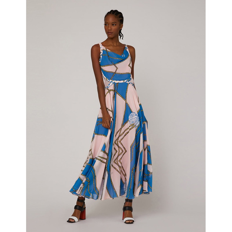 DRAPE NECK BRAID GEORGETTE PRINT MAXI-DRESS