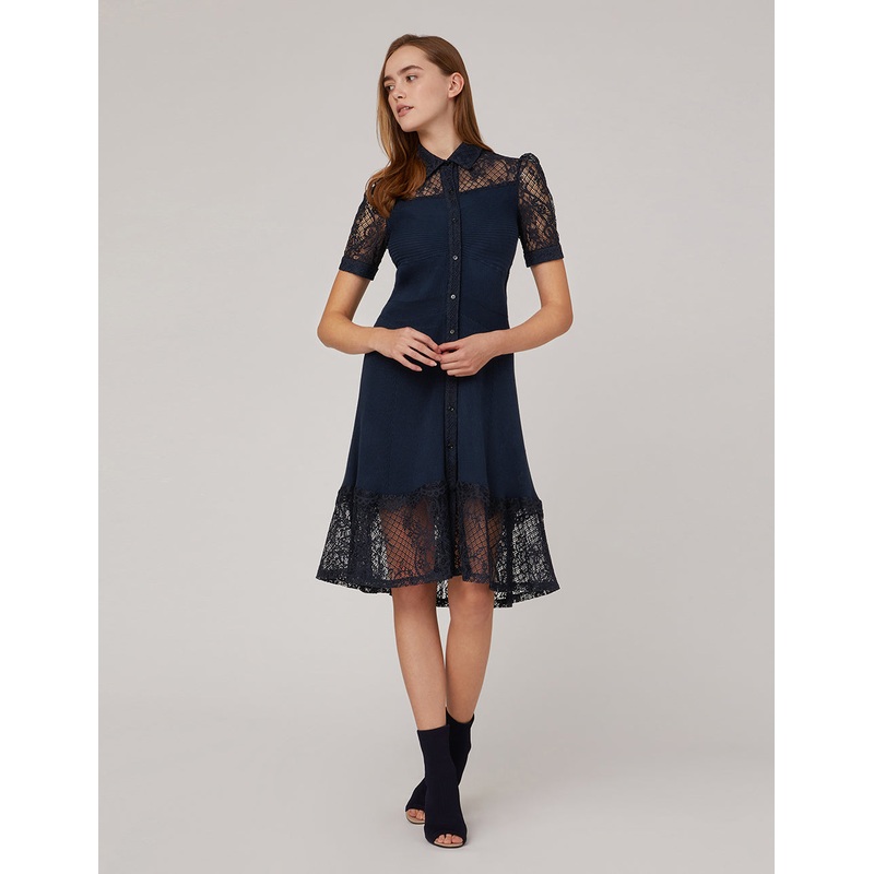 Lace shirt-collar stitching woolen dress