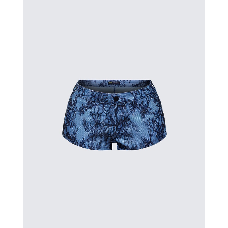 Meili Blue Fused Lace Mini Shorts