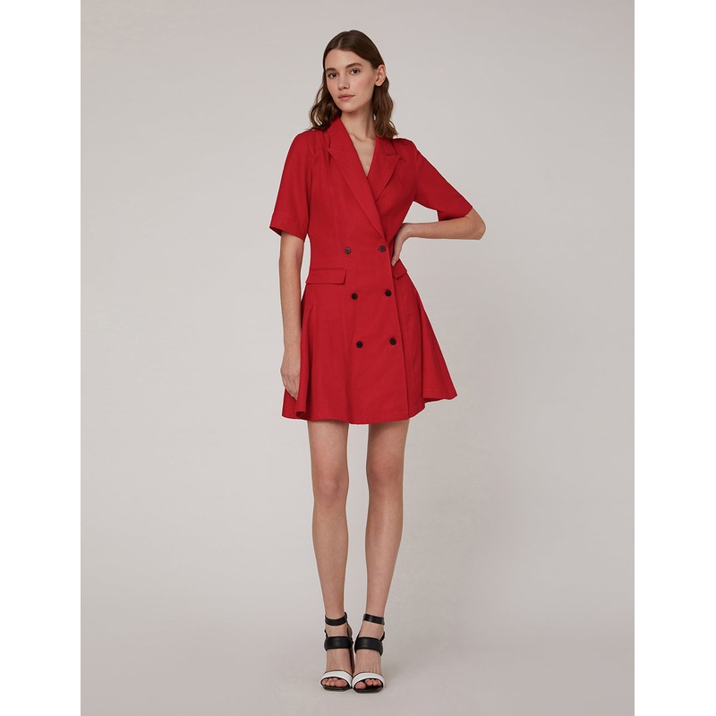 Red double-breasted suit collar dress