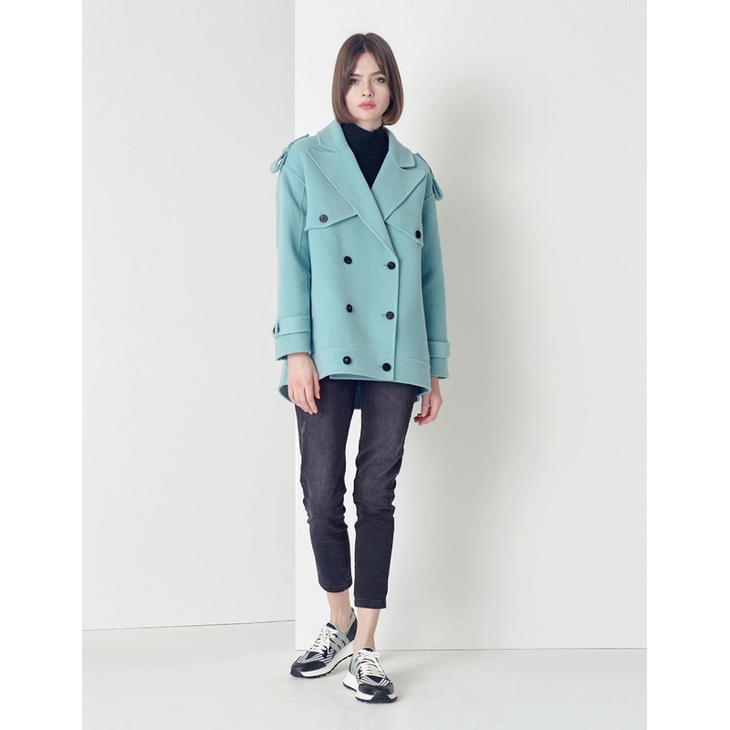 Aqua blue double-breasted lapel coat
