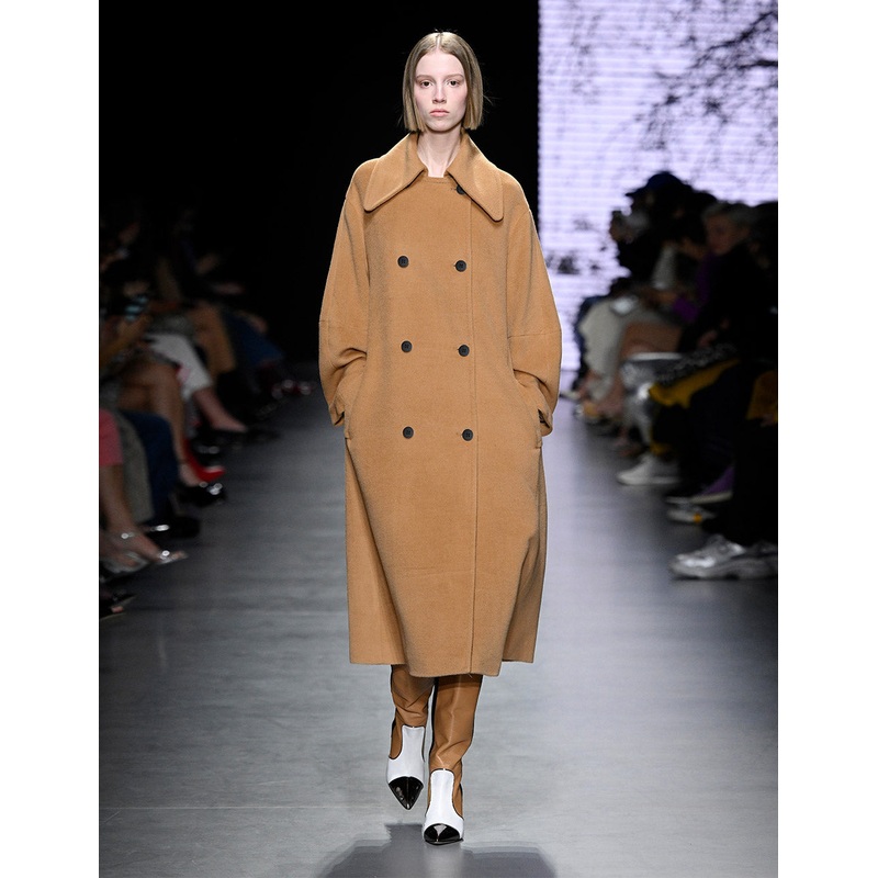 Beige Large Lapel Double-Breasted Wool Coat