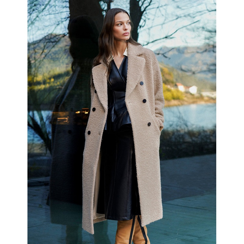 beige large lapel long cocoon type dropped shoulder coat