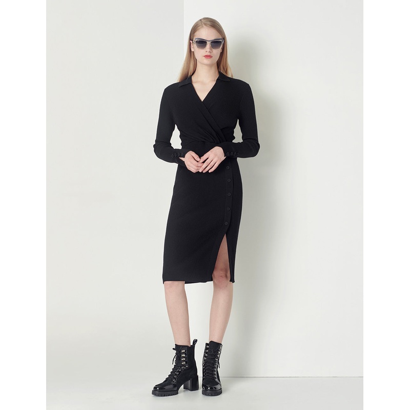 black all-match slim V-neck knitted dress
