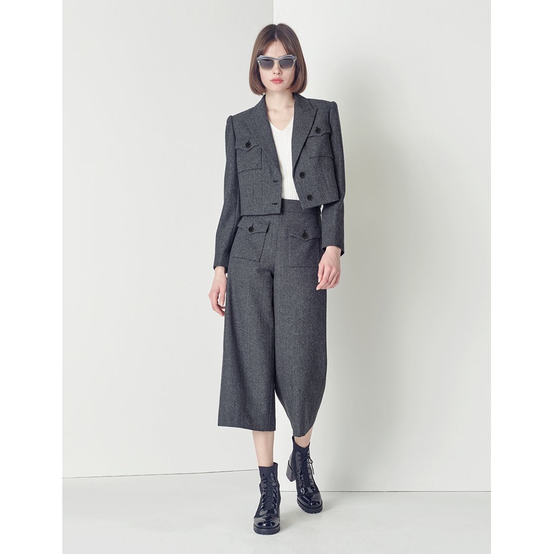 Black and white herringbone wool short coat