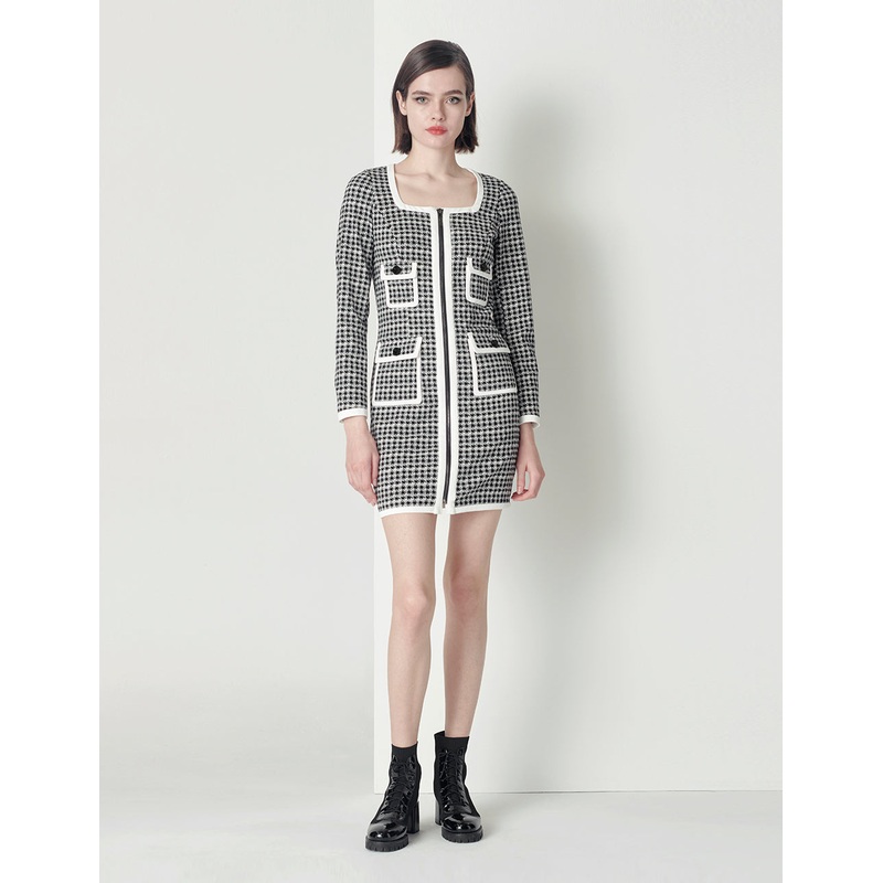 Black and white houndstooth contrast color fringe dress