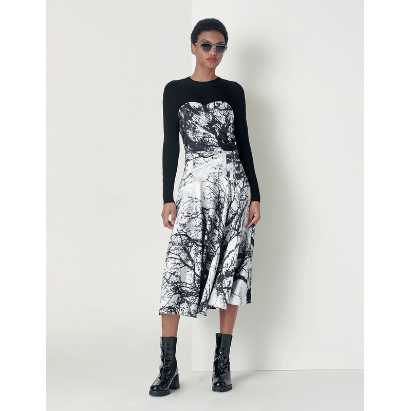 Black And White Tree Shadow V-Neck Knitted Dress