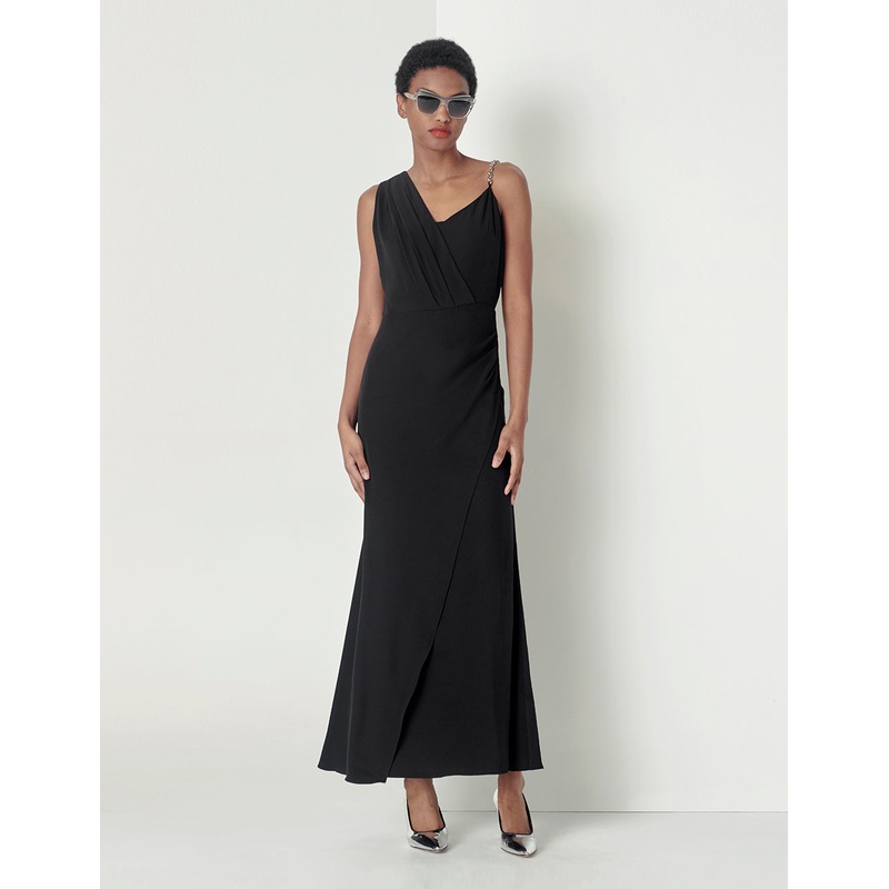 Black asymmetric chain evening dress