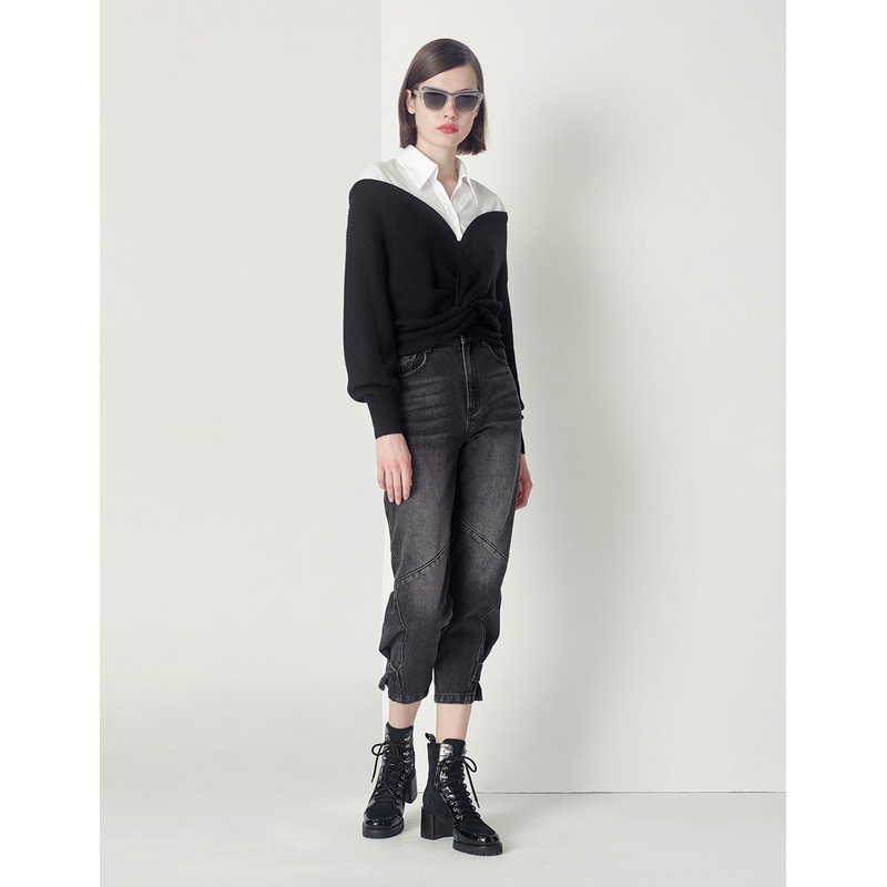 Black Tapered Feet Cropped Jeans