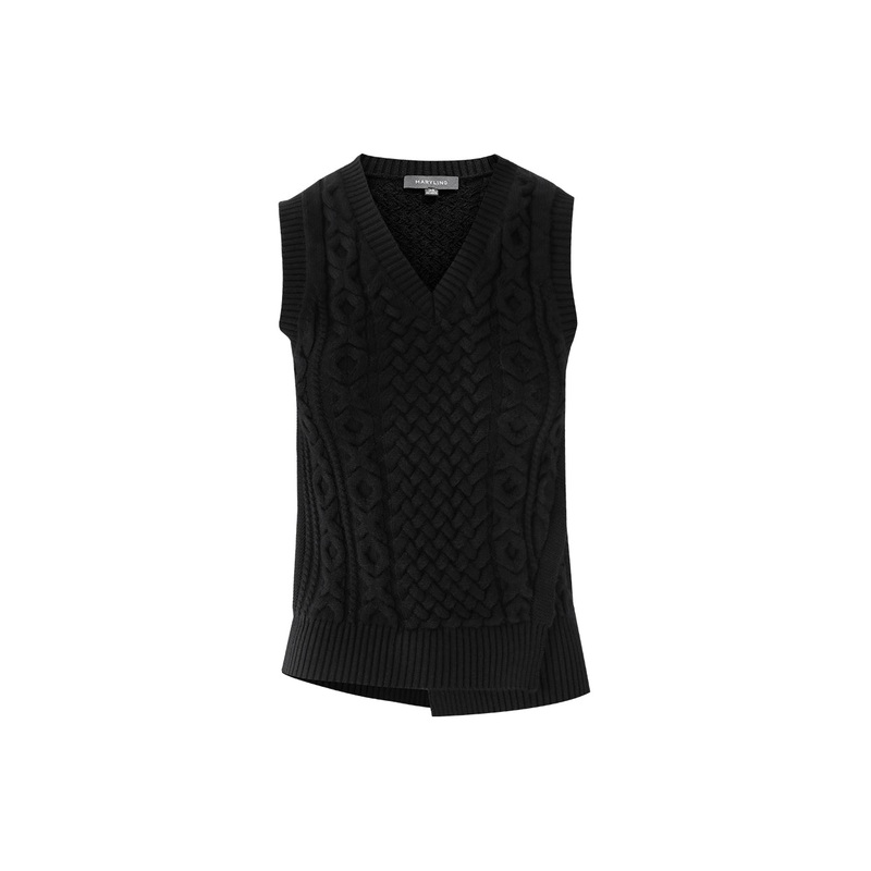 Black V-neck hem asymmetric wool knitted vest