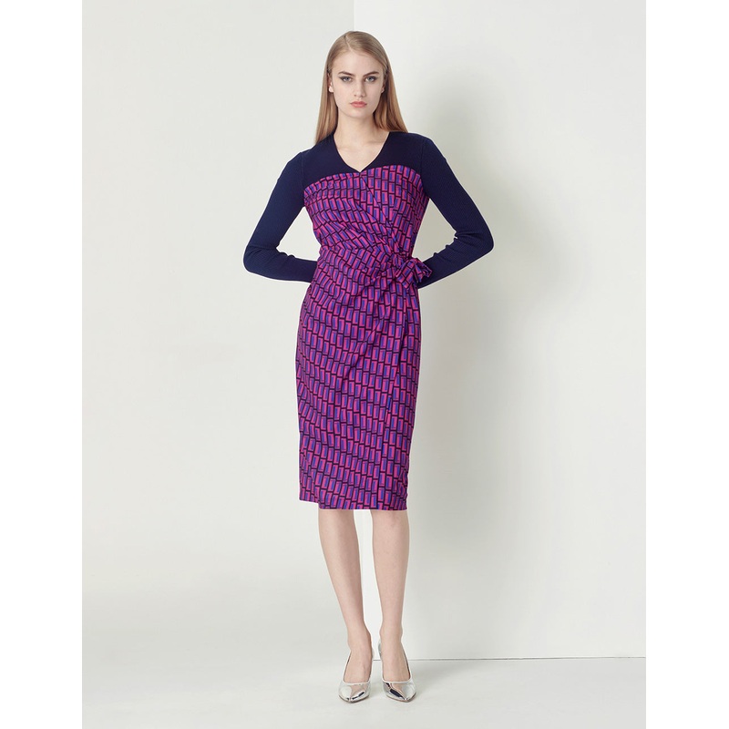 blue and red plaid knitted V-neck slim fit dress