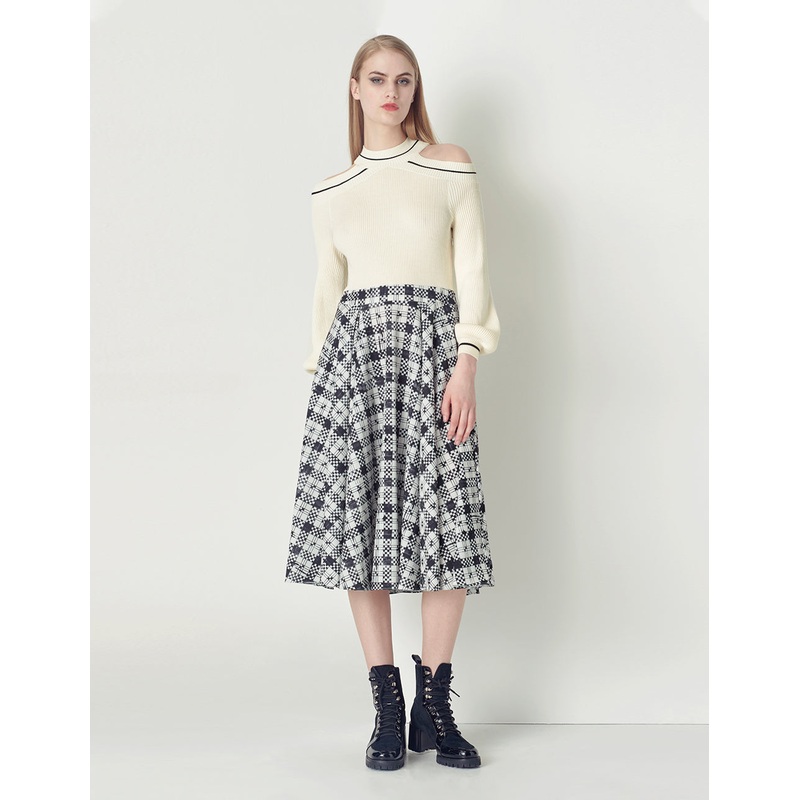 Blue bottom pink flower V-neck knitted stitching dress