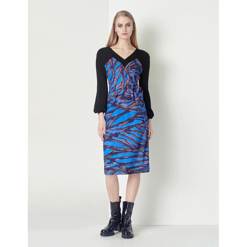 Blue Elegant Print V-Neck Knit Dress