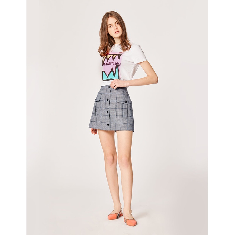 Blue Striped Plaid Jacquard Patch Pocket Mini Skirt