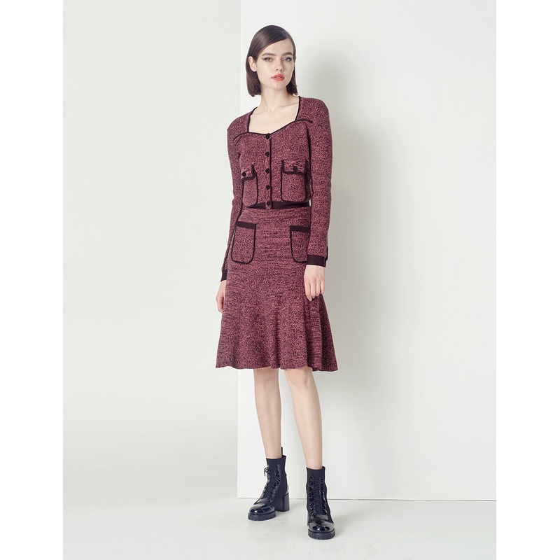 burgundy red contrast knitted skirt