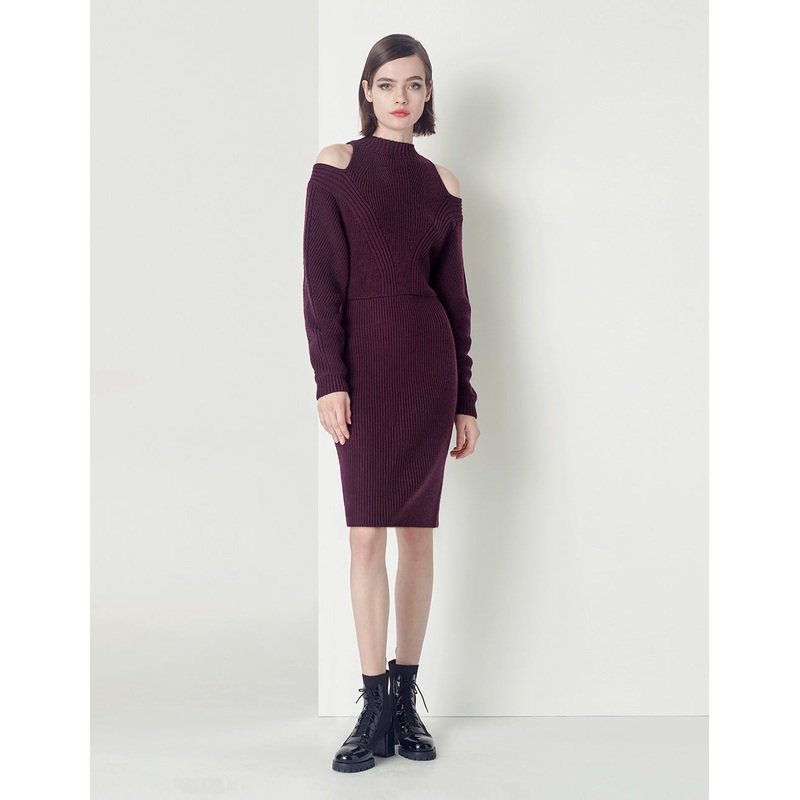 Burgundy Red Off-The-Shoulder Long-Sleeved Knitted Dress