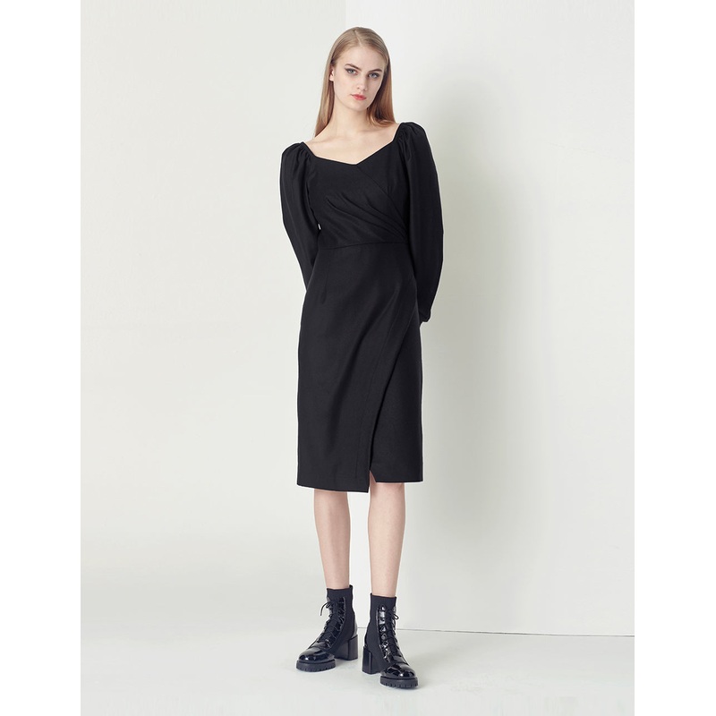 Classic and elegant black slit wool wrap hip dress