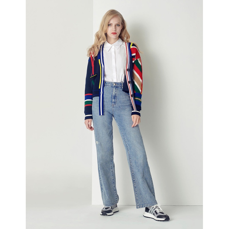 Colored Striped V-neck Knitted Cardigan