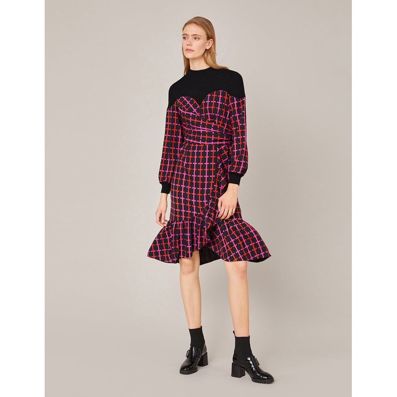 CONTRAST KNIT SPLICED CHECKED PRINT RUFFLE DRESS