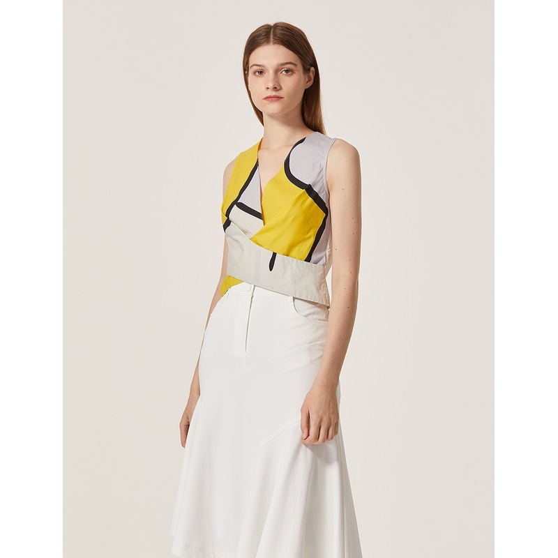 Cotton V Neck Contrast Color Sleeveless Cropped Blouse