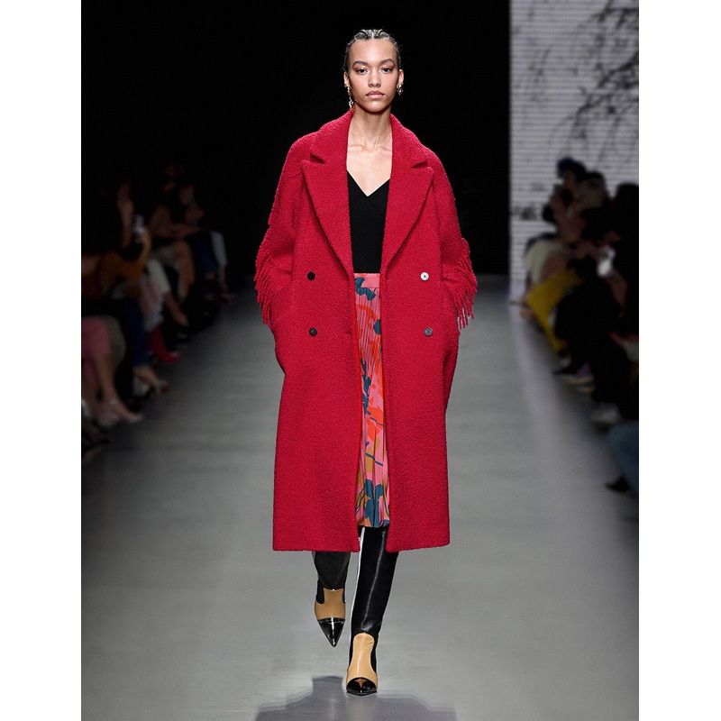 Crimson Fringe Double-Breasted Cropped Sleeve Coat