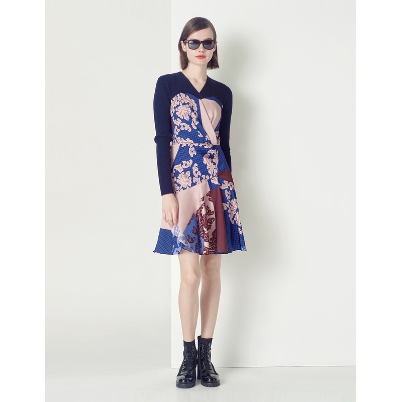 Deep sea red flower V-neck knitted print dress