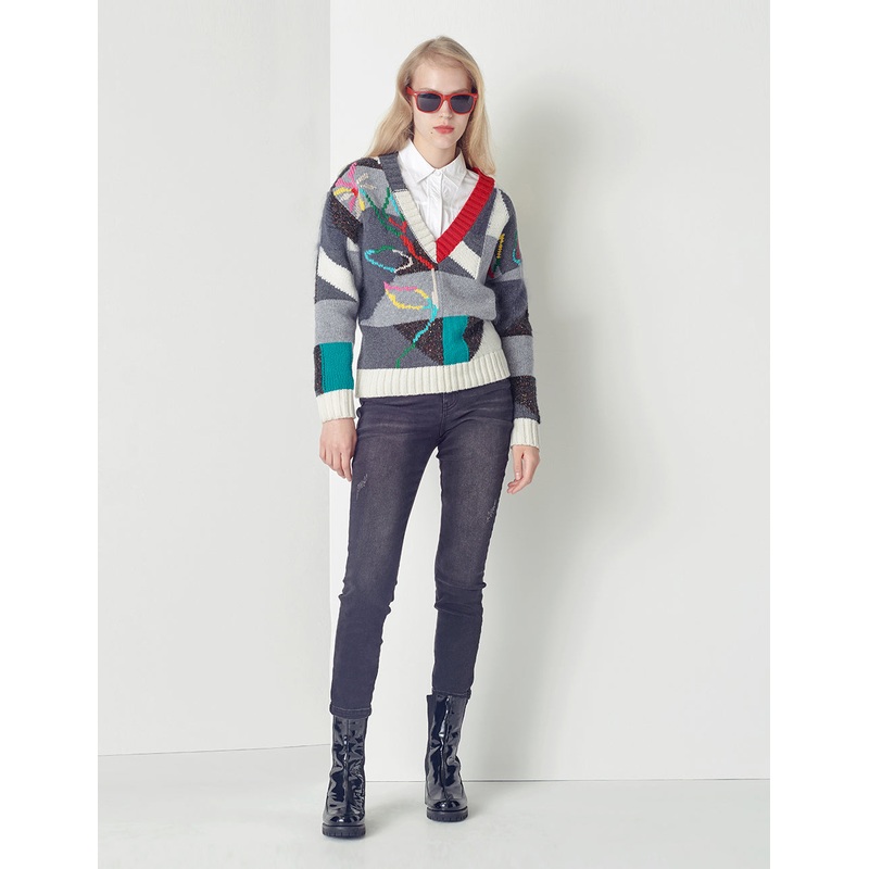 Geometric Colourful Floral V-Neck Knit Pullover