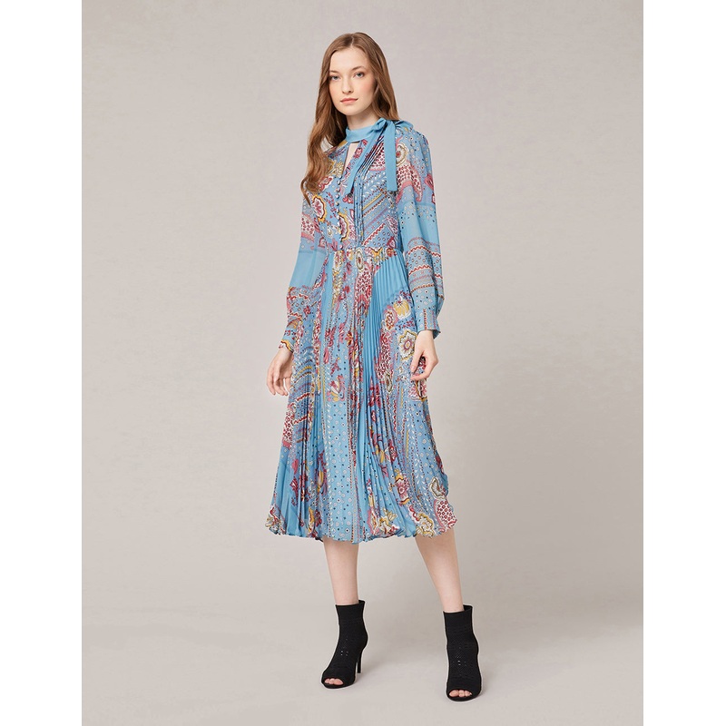 Georgette Artistic Print V-Neck Pleated Midi Dress