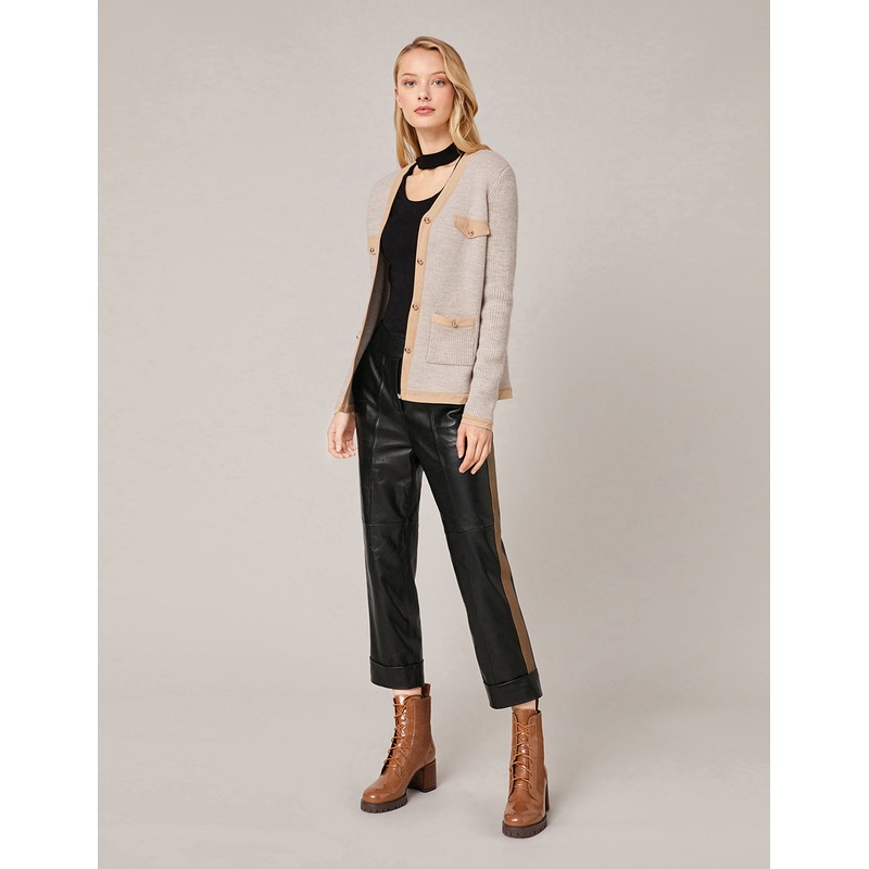 High-Waist Straight Roll Leg Leather Pants