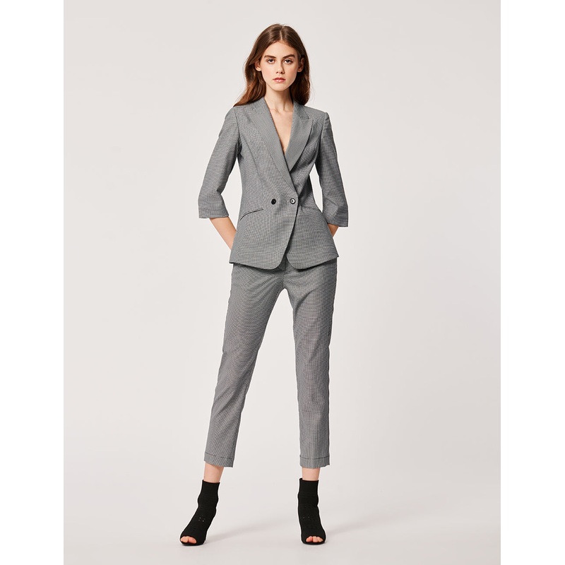 Houndstooth Pattern Crop Leg Slim Fit Trousers