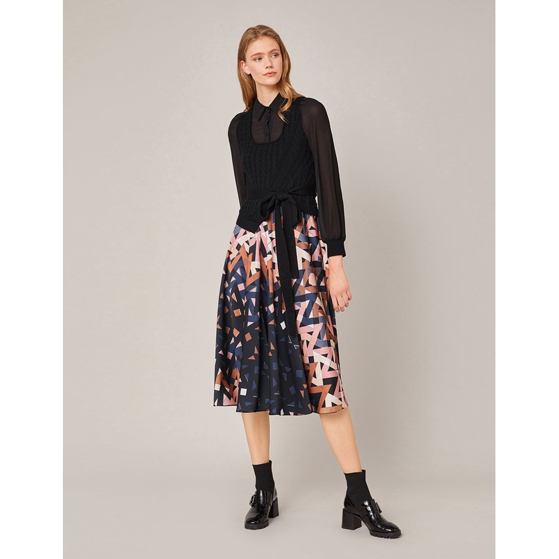 KNIT PANEL SPLICED ARTISTIC PRINT DRESS