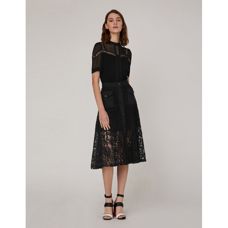 KNIT PANEL SPLICED SILK GEORGETTE LACE TOP