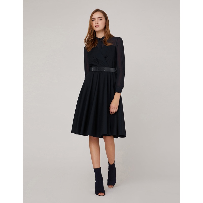 Long Sleeved A-Line Pleated Shirt Dress