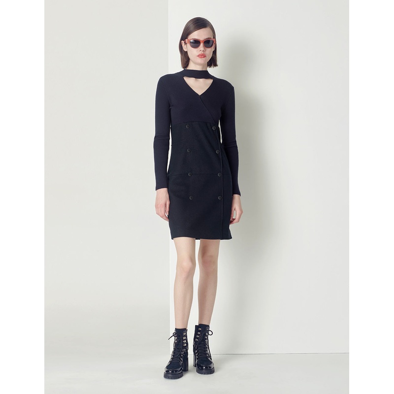 midnight blue V-neck hollow shift knit dress