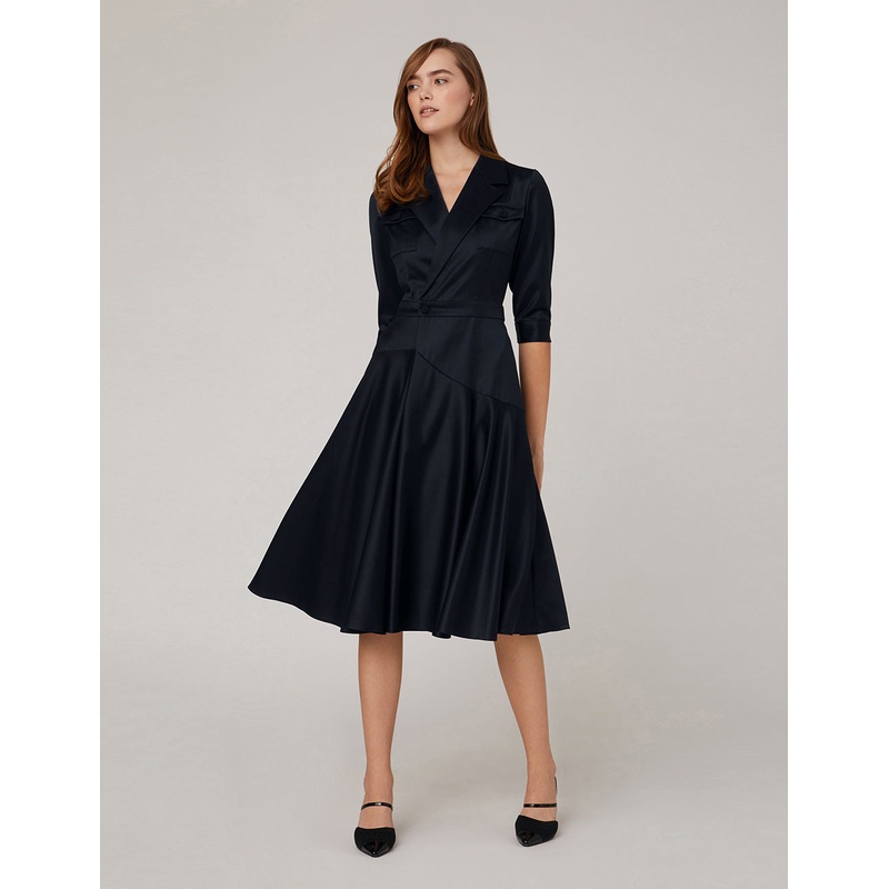Notch Lapel Asymmetrical Flared Dress