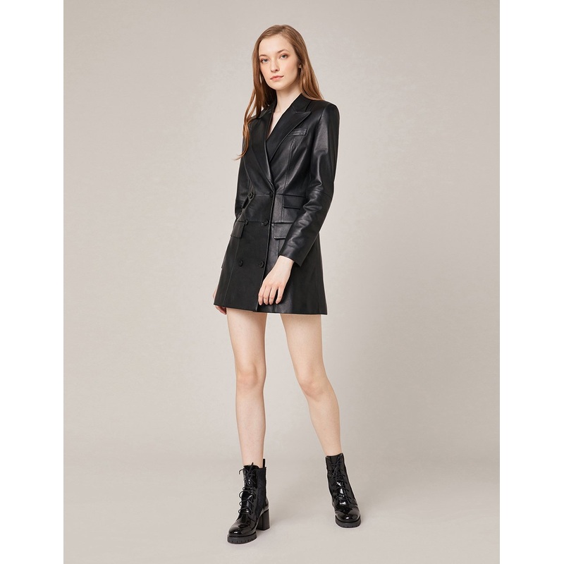 Peak-Lapel Double-Breasted Leather Blazer