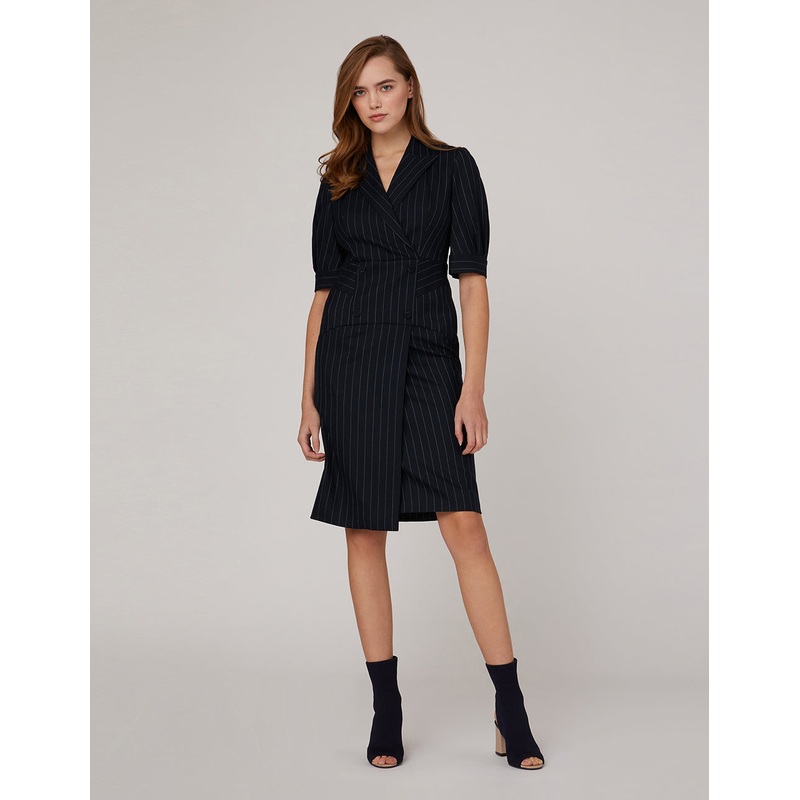 PEAK LAPEL THREE-QUARTER SLEEVE STRIPE DRESS